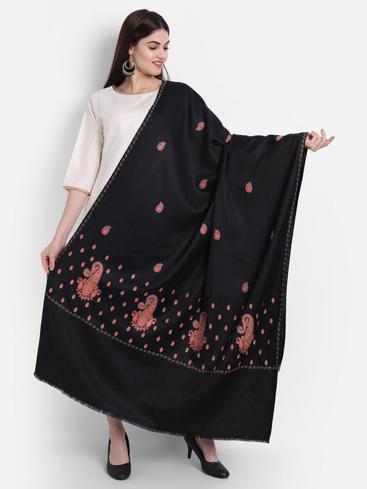 Fine Embroidery Paper Mache Kashmiri Wool Shawl | Black - Zamour