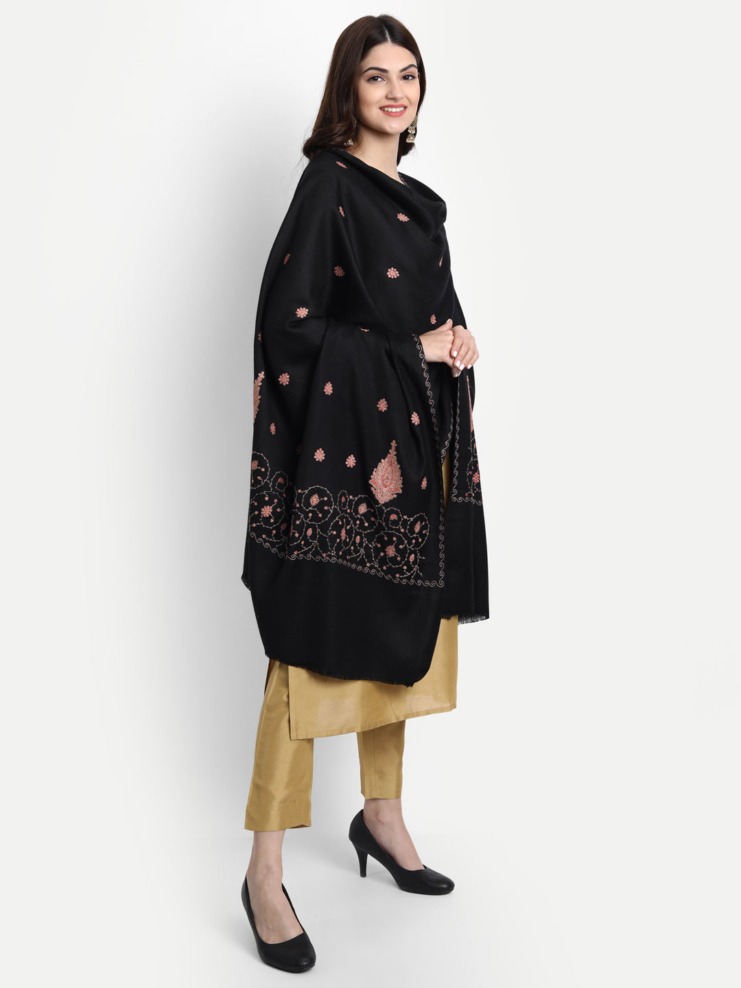 Fine Embroidery Paper Mache Kashmiri Wool Shawl | Black - Zamour