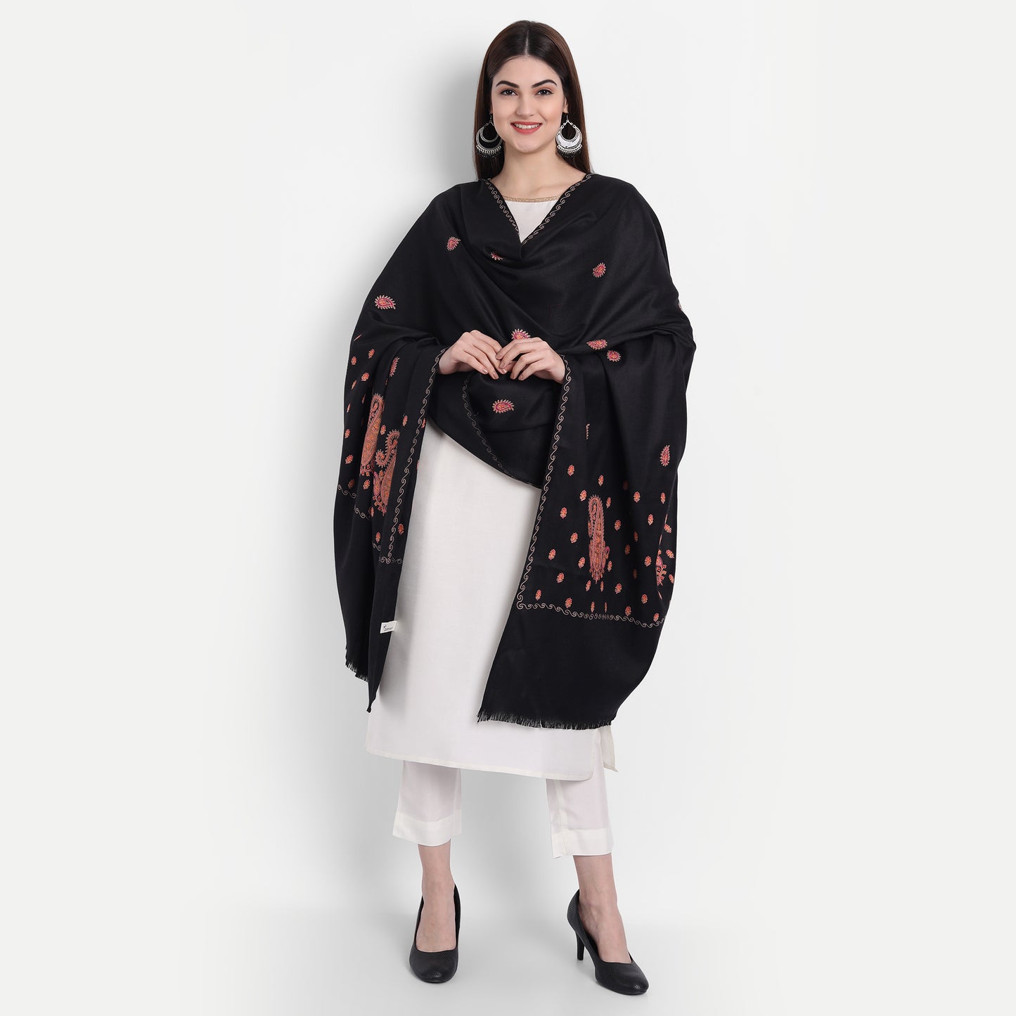 Fine Embroidery Paper Mache Kashmiri Wool Shawl | Black - Zamour