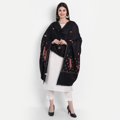 Fine Embroidery Paper Mache Kashmiri Wool Shawl | Black - Zamour
