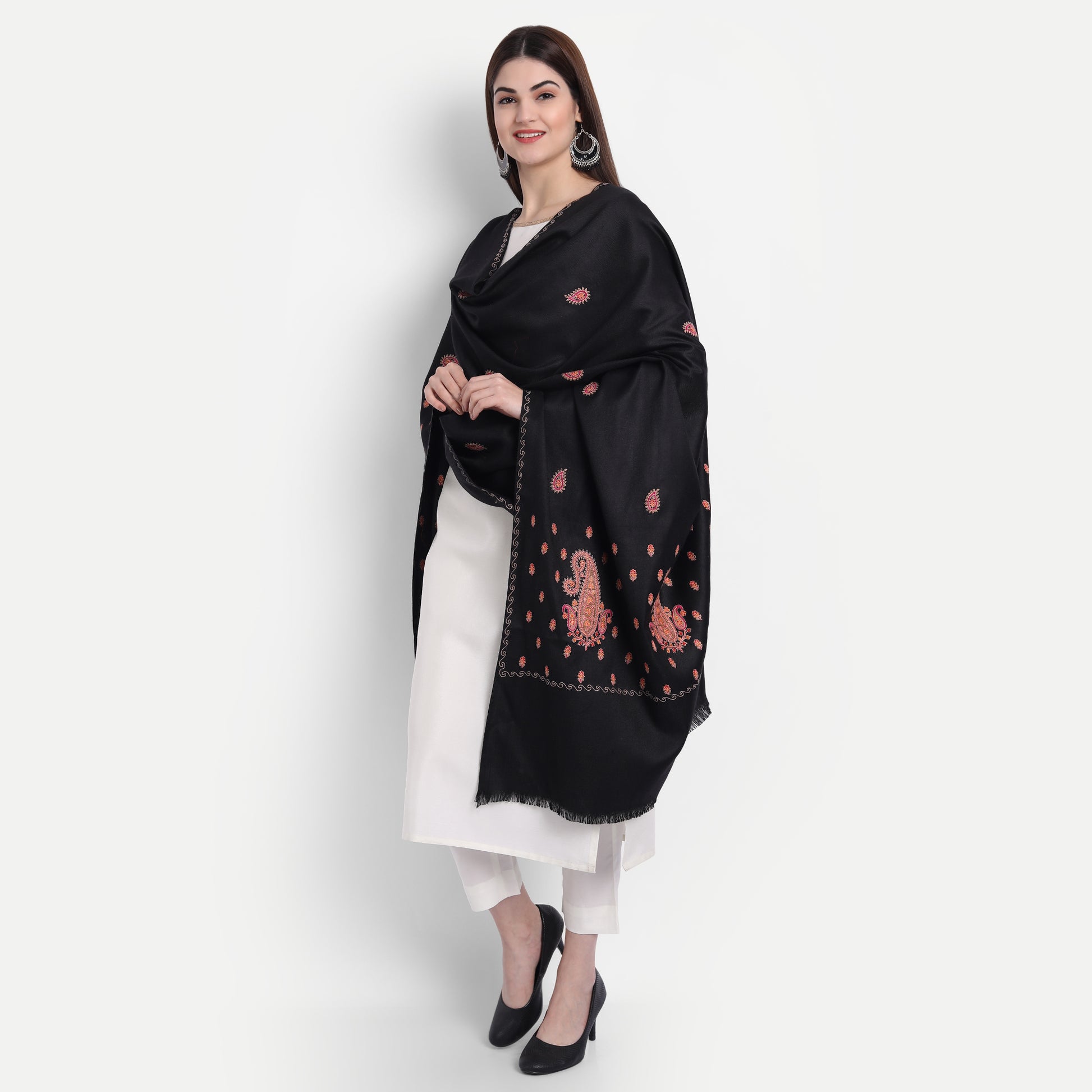 Fine Embroidery Paper Mache Kashmiri Wool Shawl | Black - Zamour