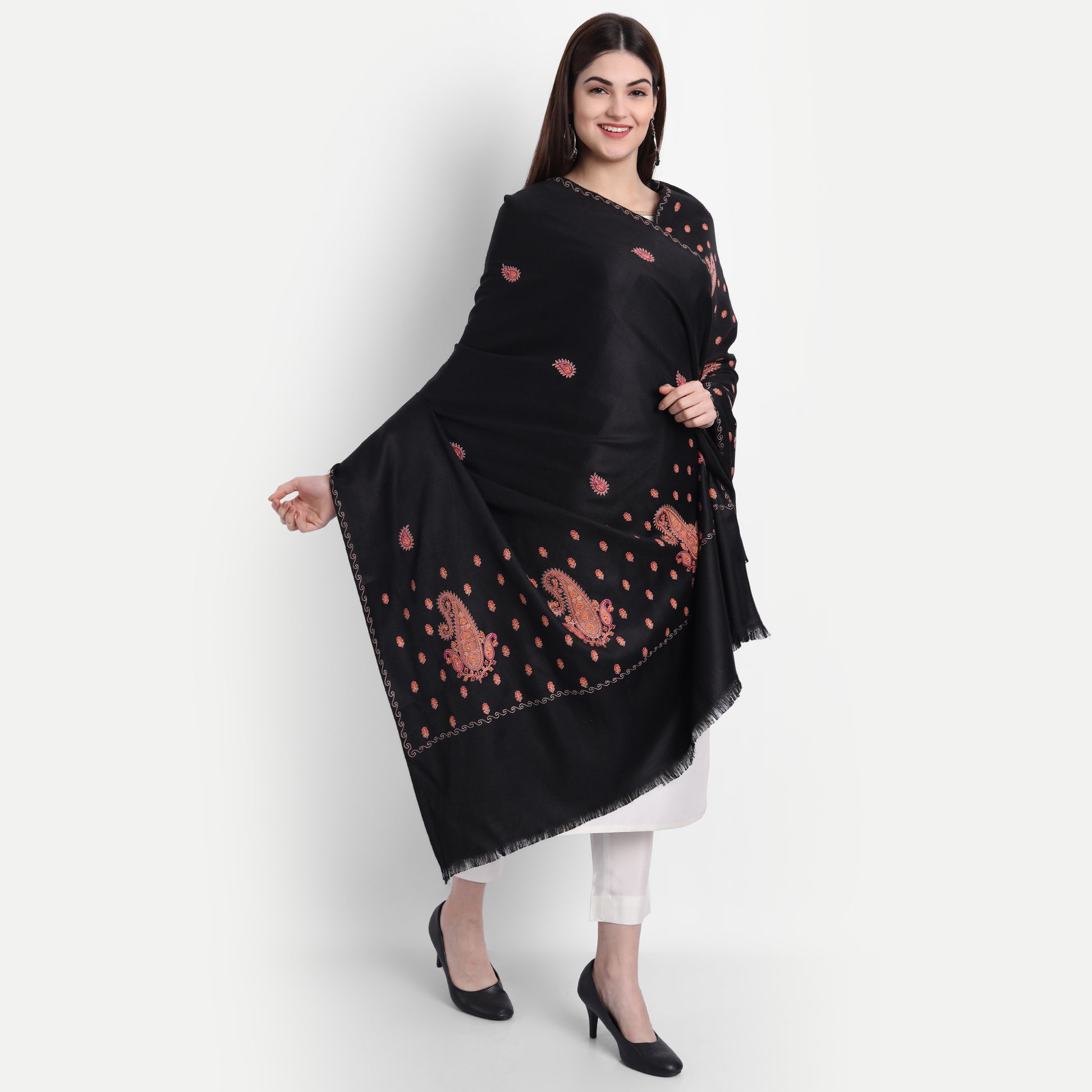 Fine Embroidery Paper Mache Kashmiri Wool Shawl | Black - Zamour