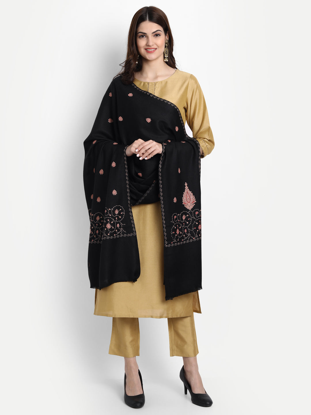 Fine Embroidery Paper Mache Kashmiri Wool Shawl | Black - Zamour