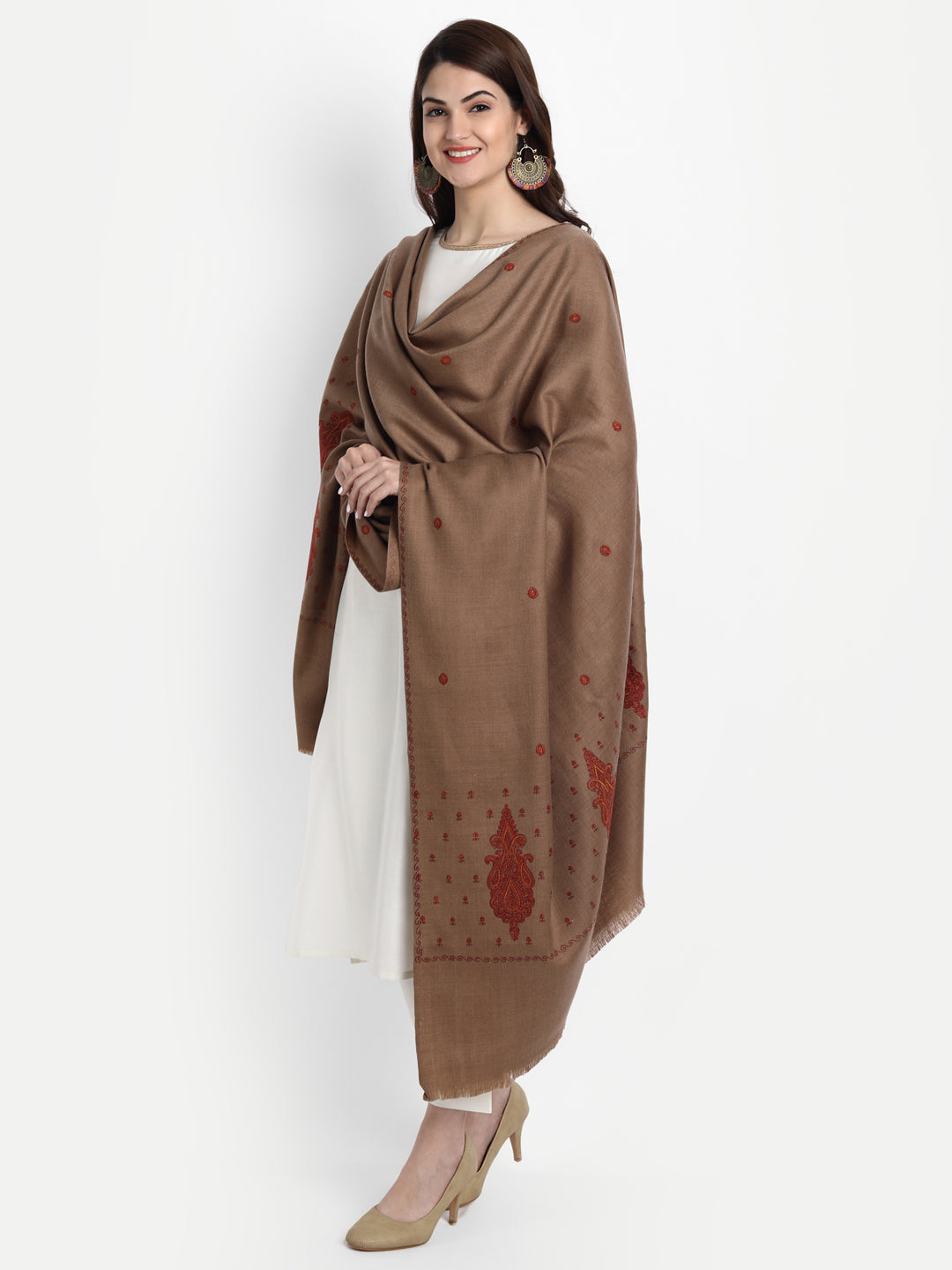 Fine Embroidery Paper Mache Kashmiri Wool Shawl | Brown - Zamour