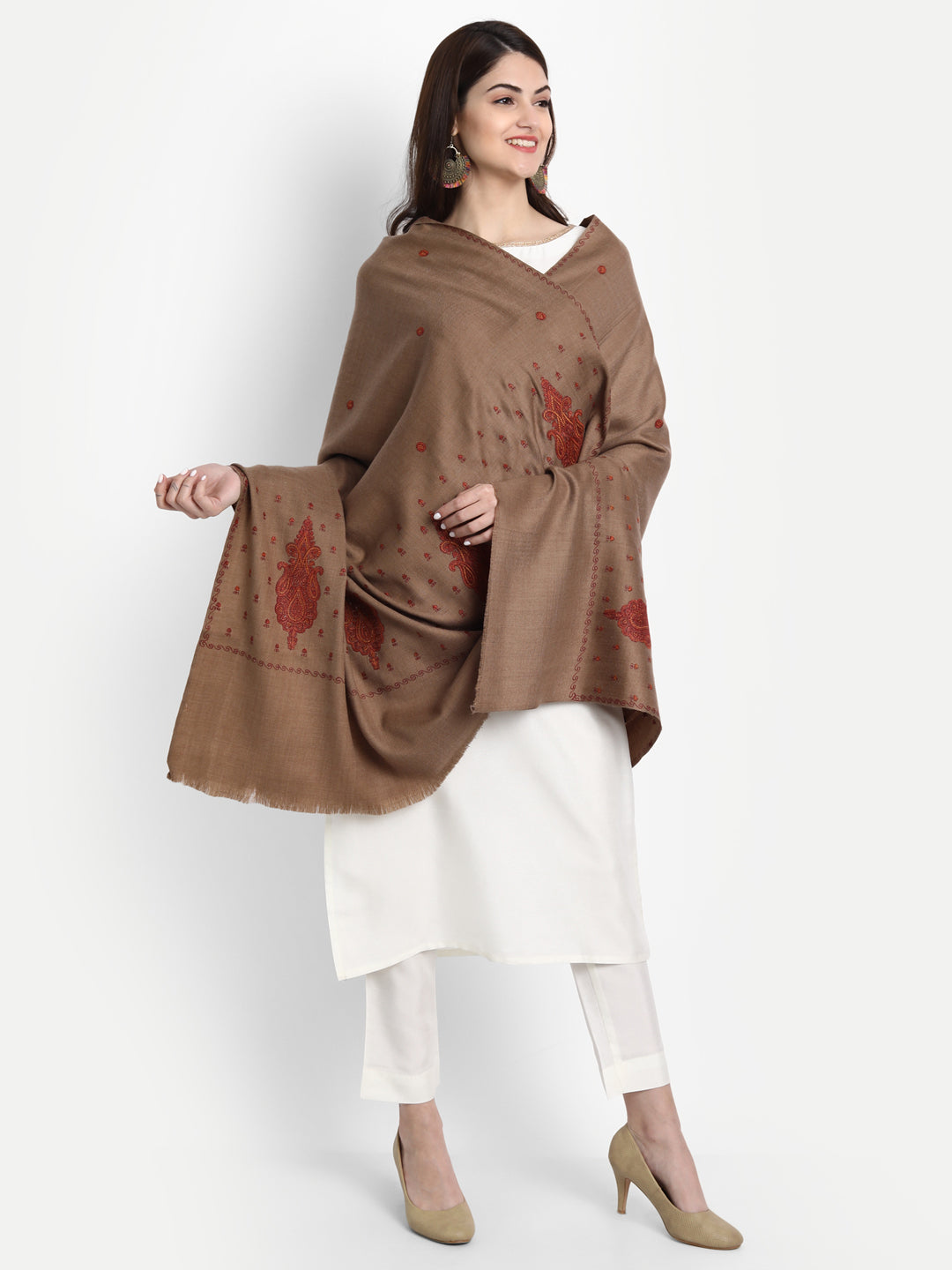 Fine Embroidery Paper Mache Kashmiri Wool Shawl | Brown - Zamour