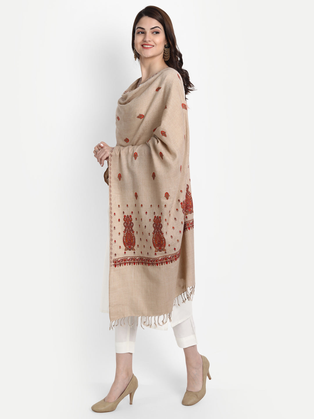 Fine Embroidery Paper Mache Kashmiri Wool Stole | Beige - Zamour