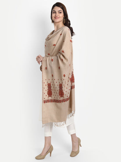 Fine Embroidery Paper Mache Kashmiri Wool Stole | Beige - Zamour