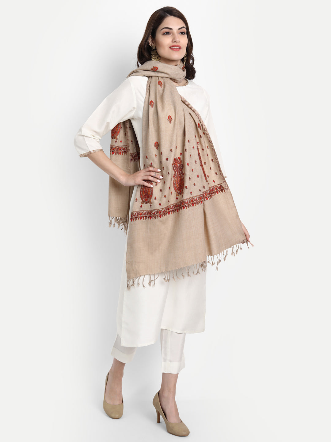 Fine Embroidery Paper Mache Kashmiri Wool Stole | Beige - Zamour