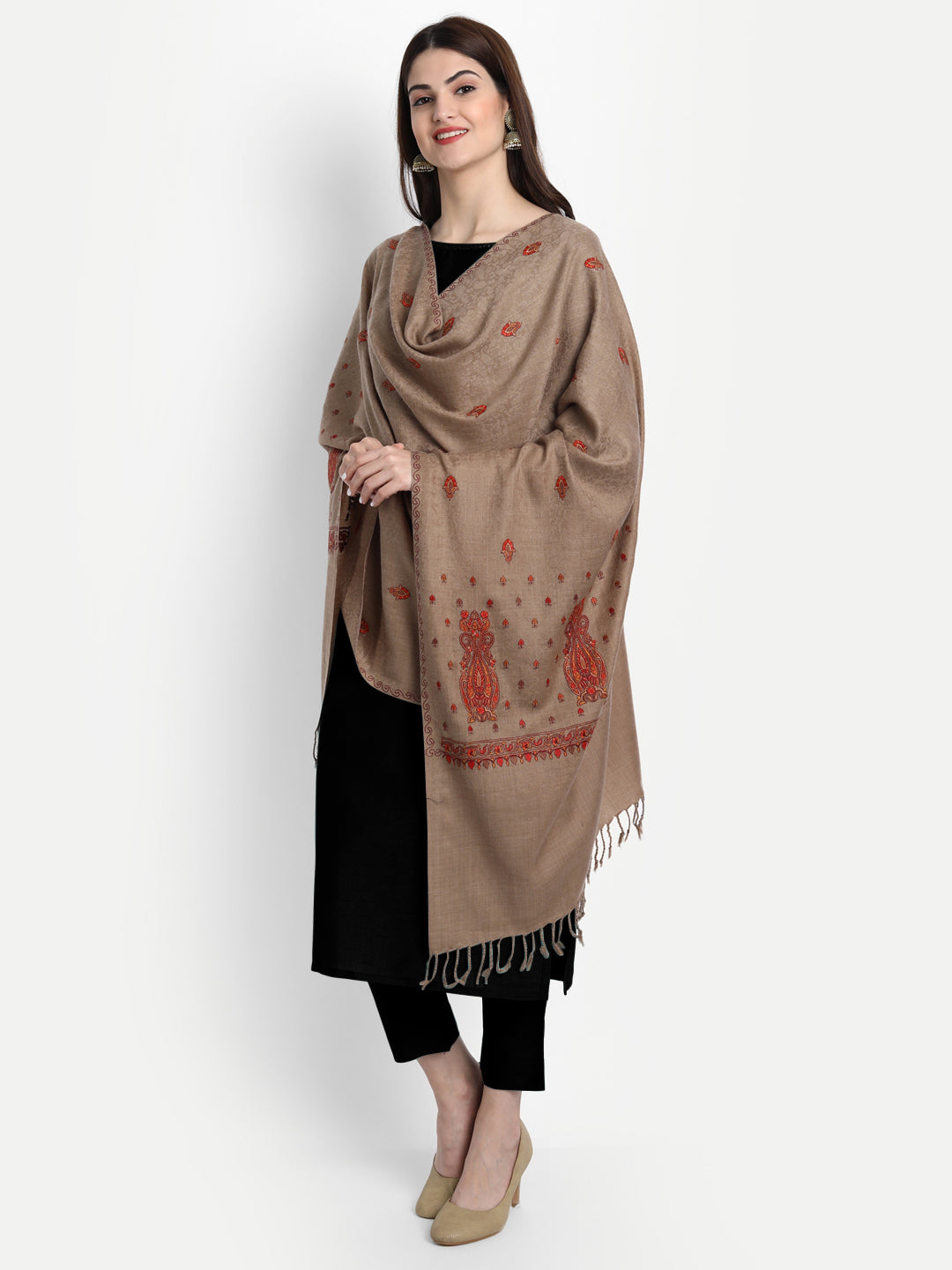 Fine Embroidery Paper Mache Kashmiri Wool Stole | Brown - Zamour