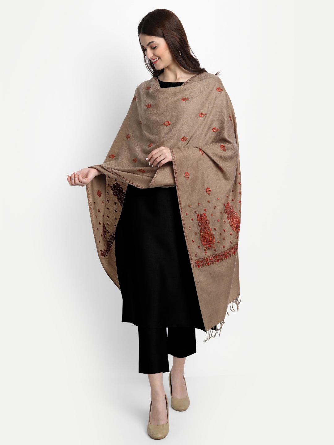 Fine Embroidery Paper Mache Kashmiri Wool Stole | Brown - Zamour