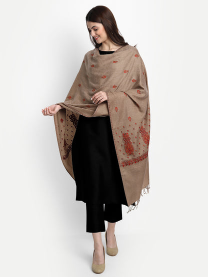 Fine Embroidery Paper Mache Kashmiri Wool Stole | Brown - Zamour