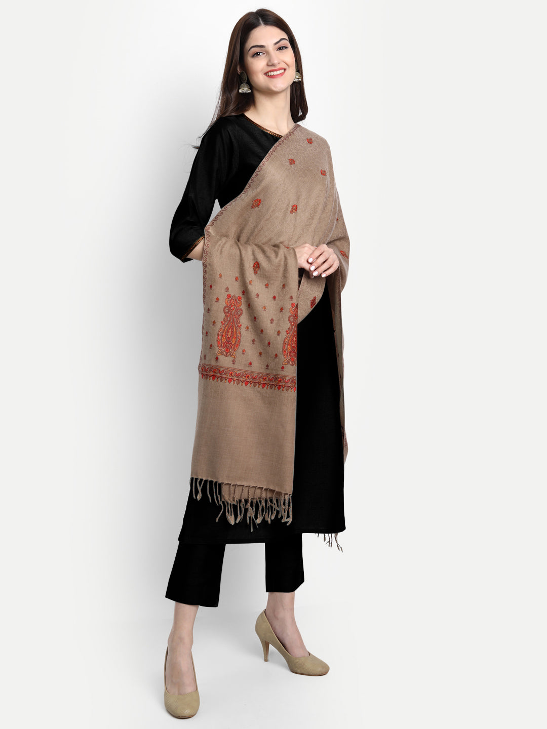 Fine Embroidery Paper Mache Kashmiri Wool Stole | Brown - Zamour