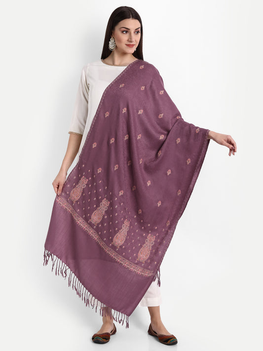 Fine Embroidery Paper Mache Kashmiri Wool Stole | Mauve - Zamour