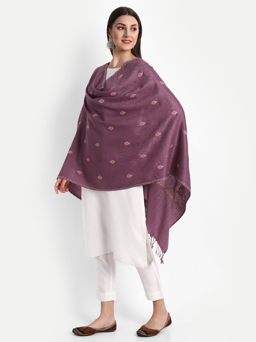 Fine Embroidery Paper Mache Kashmiri Wool Stole | Mauve - Zamour