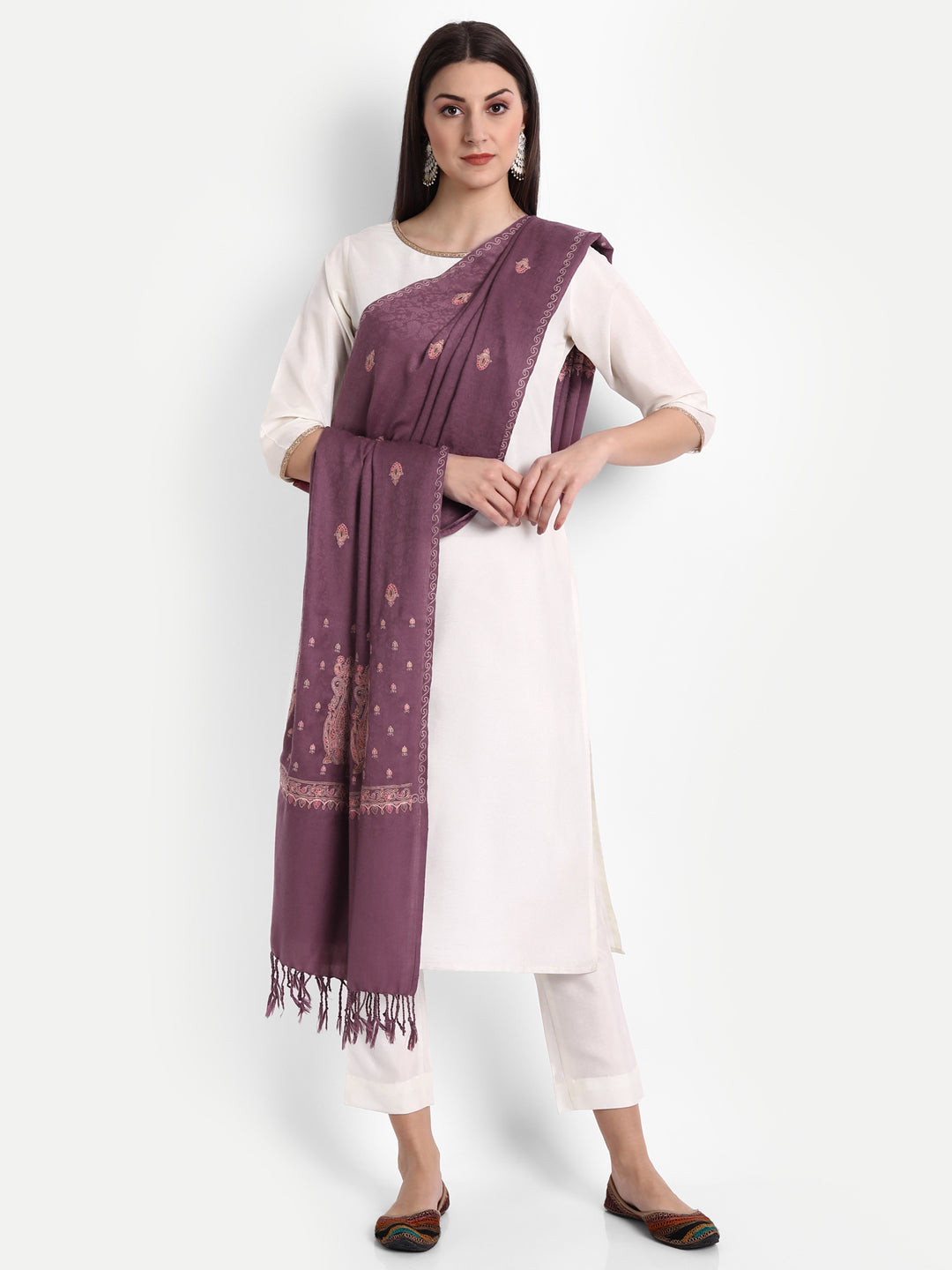 Fine Embroidery Paper Mache Kashmiri Wool Stole | Mauve - Zamour