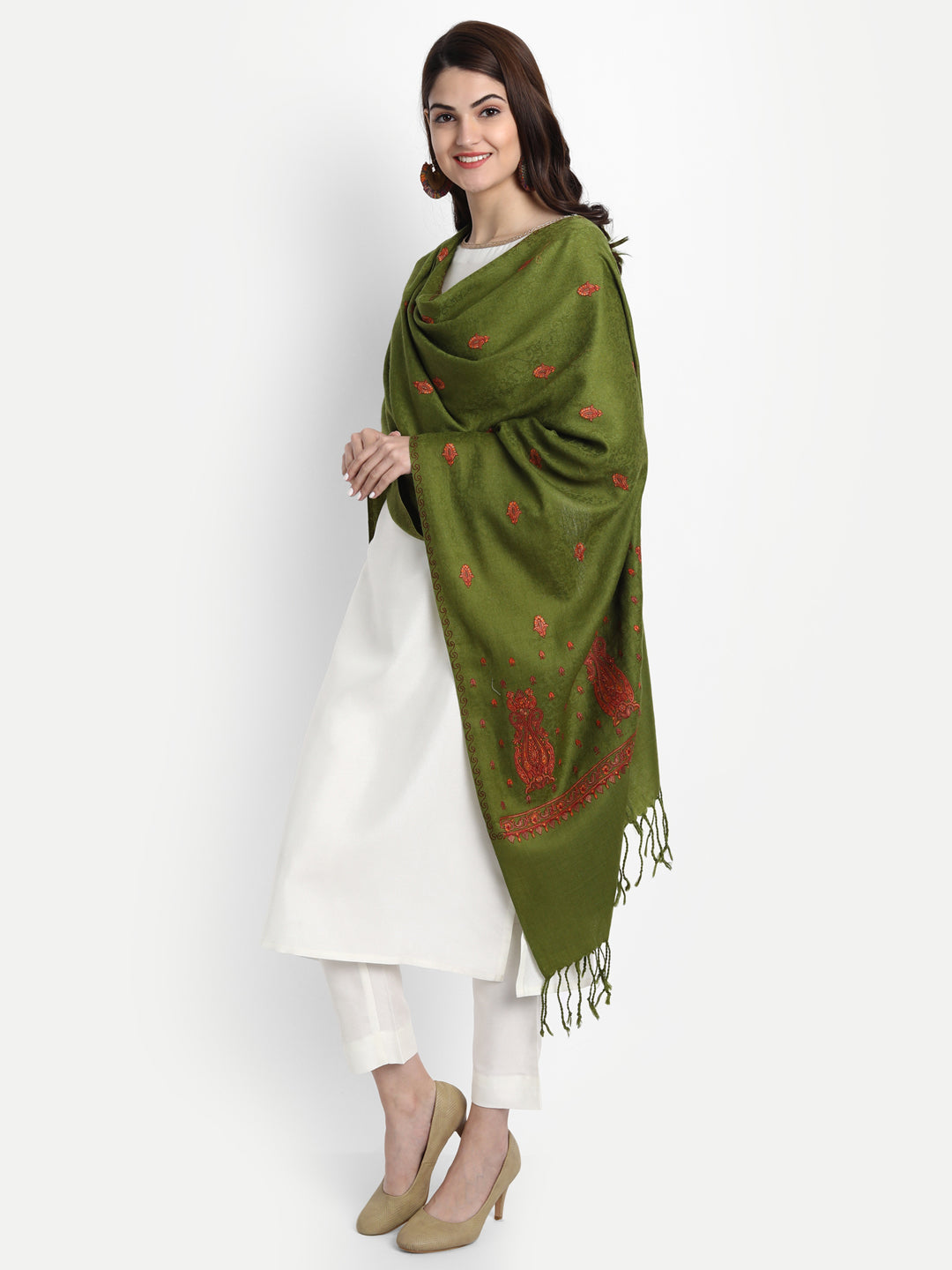 Fine Embroidery Paper Mache Kashmiri Wool Stole | Olive Green - Zamour