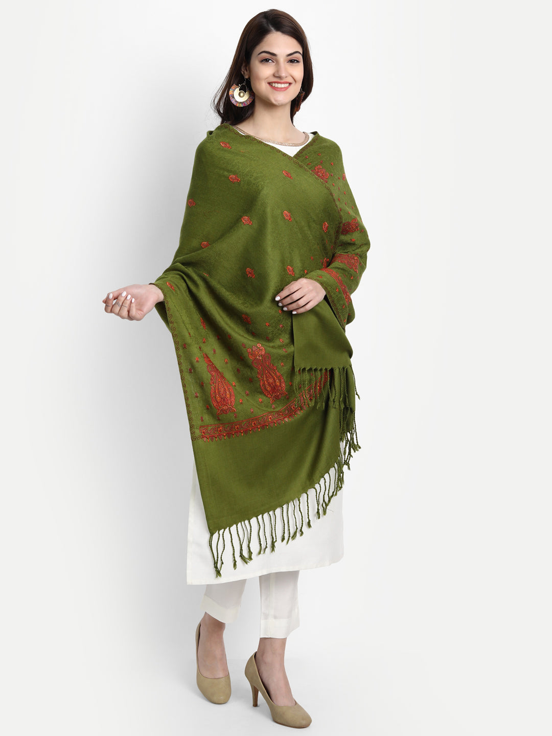 Fine Embroidery Paper Mache Kashmiri Wool Stole | Olive Green - Zamour