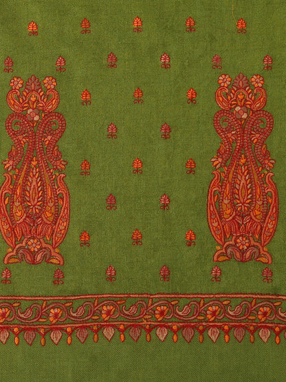 Fine Embroidery Paper Mache Kashmiri Wool Stole | Olive Green - Zamour