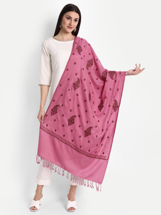 Fine Embroidery Paper Mache Kashmiri Wool Stole | Pink - Zamour