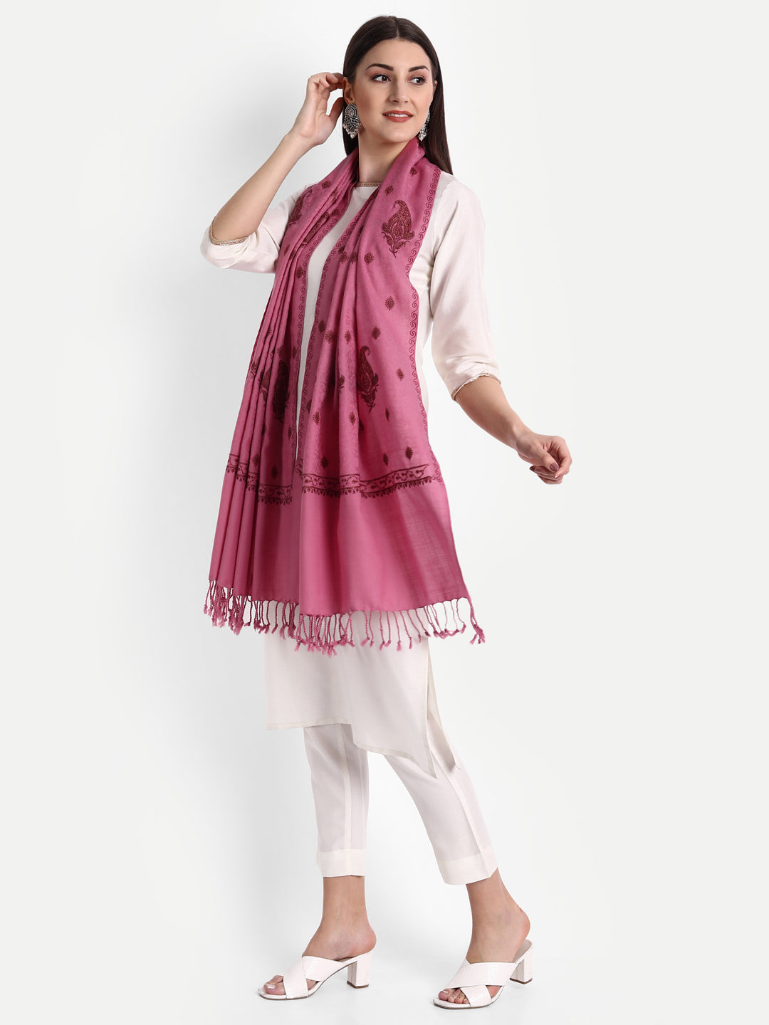 Fine Embroidery Paper Mache Kashmiri Wool Stole | Pink - Zamour
