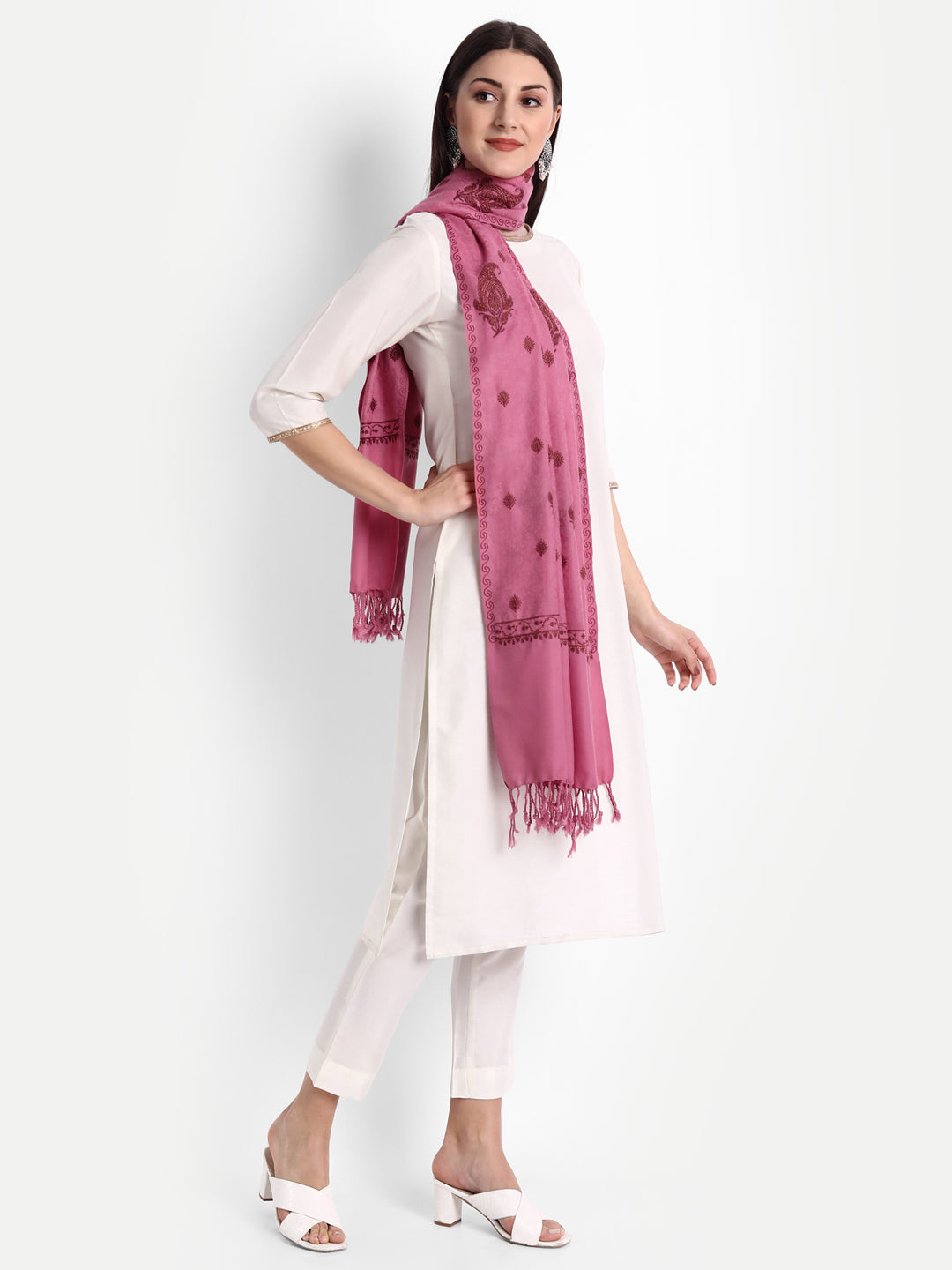 Fine Embroidery Paper Mache Kashmiri Wool Stole | Pink - Zamour