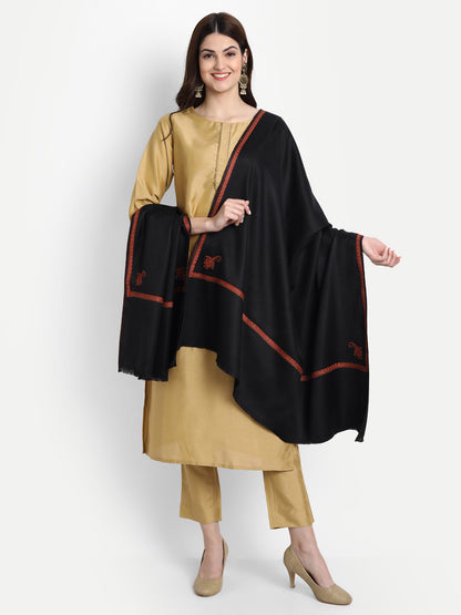 Fine Sozni Embroidery Daur Kashmiri Wool Shawl | Black - Zamour