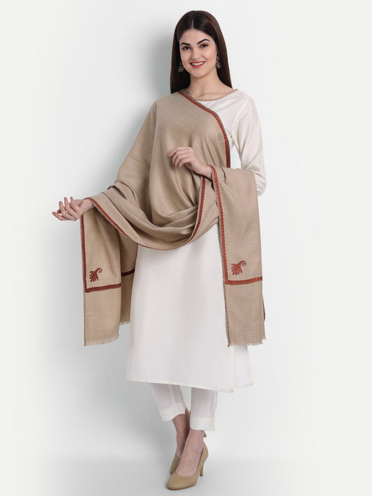 Fine Sozni Embroidery Daur Kashmiri Wool Shawl | Brown - Zamour