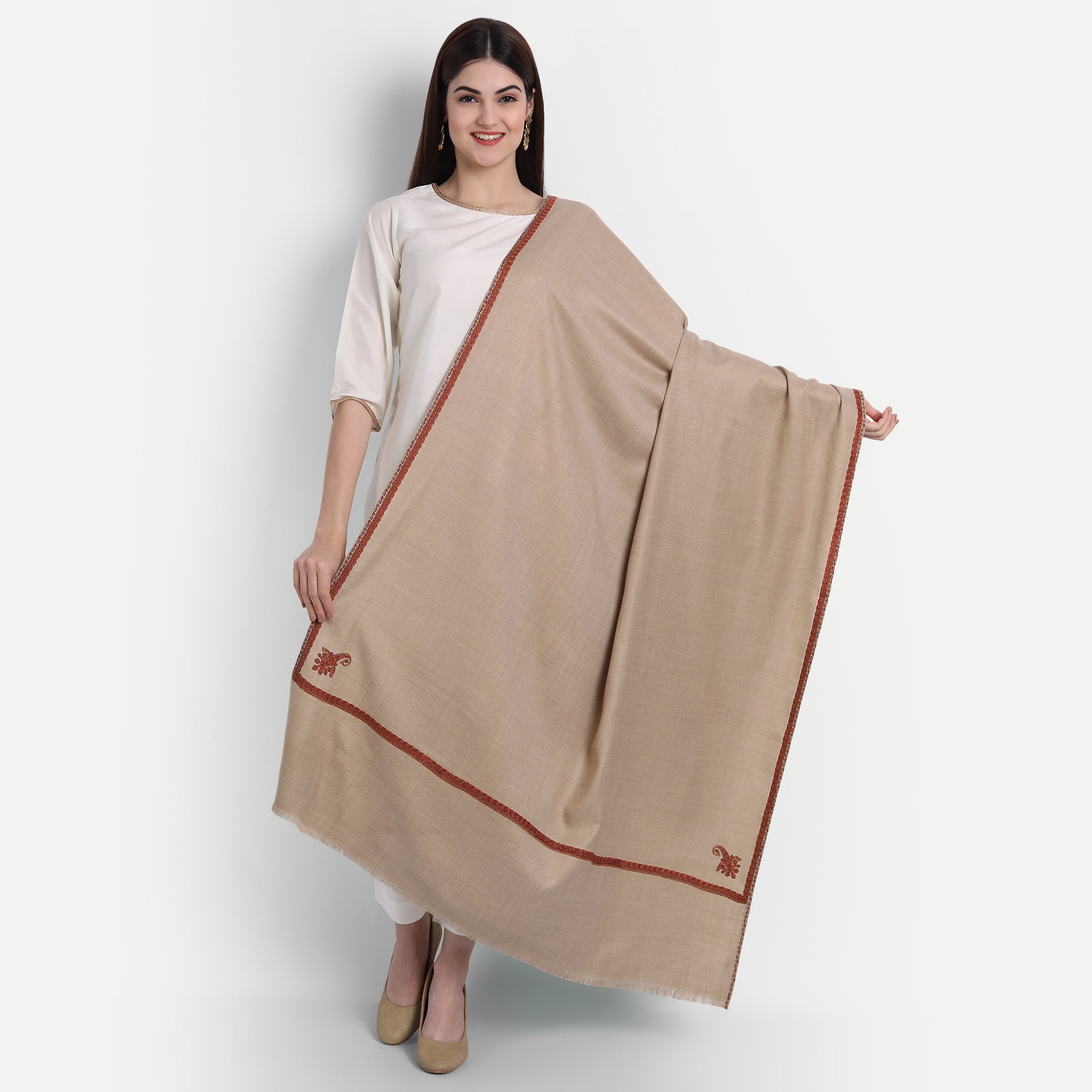 Fine Sozni Embroidery Daur Kashmiri Wool Shawl | Brown - Zamour