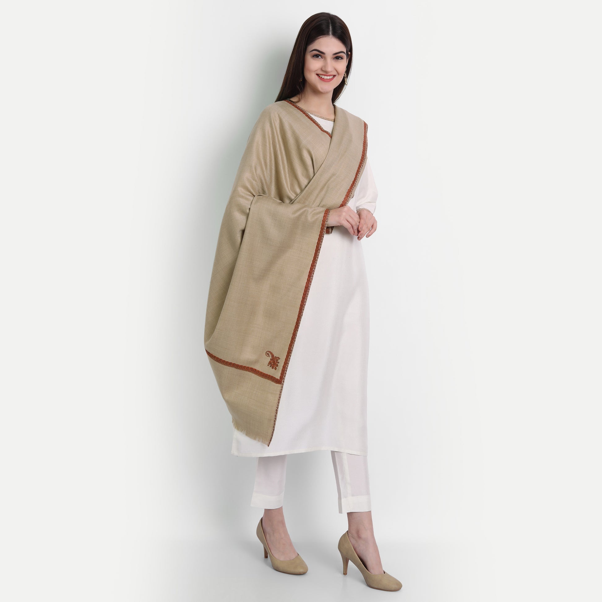Fine Sozni Embroidery Daur Kashmiri Wool Shawl | Brown - Zamour