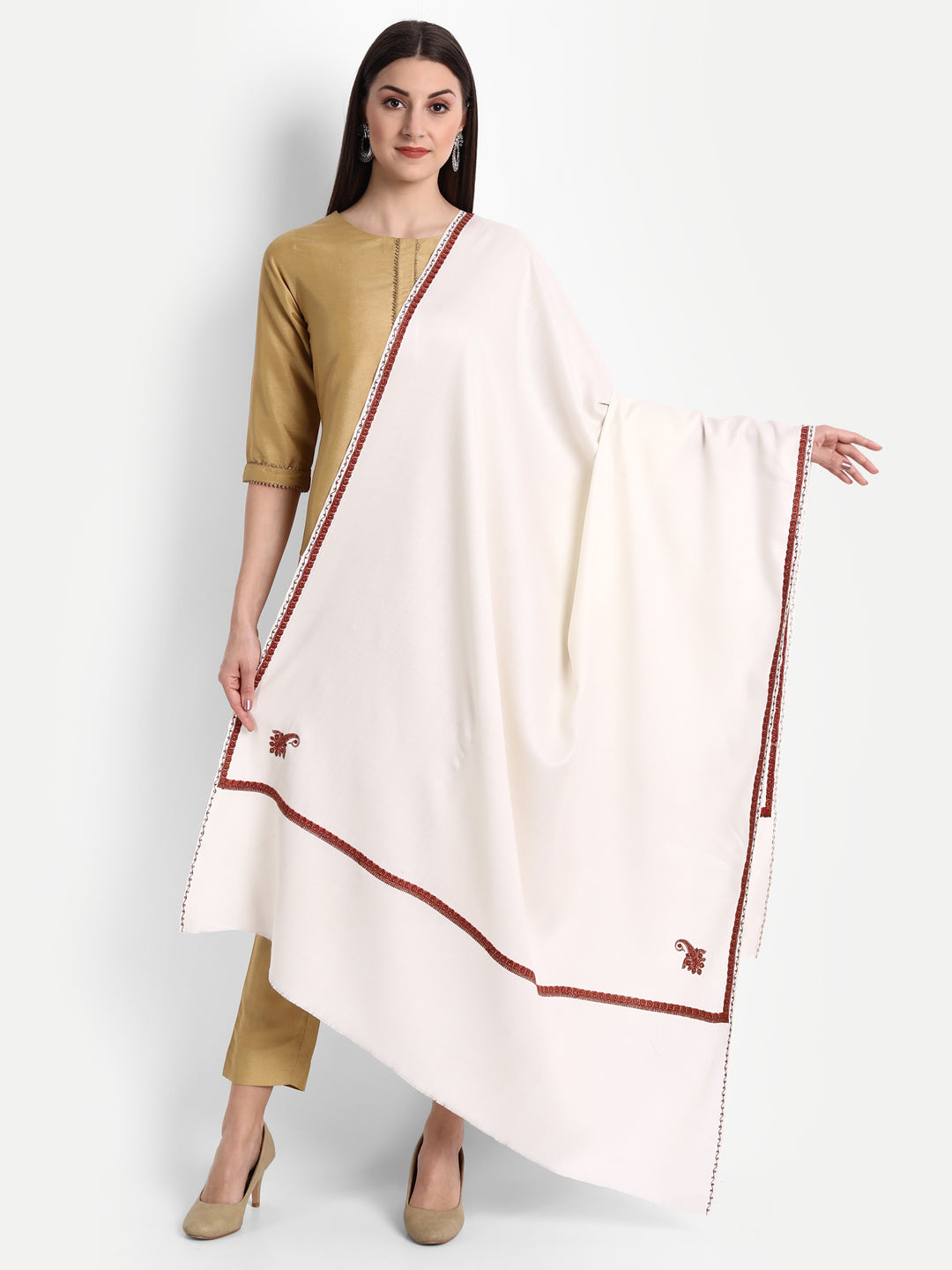 Fine Sozni Embroidery Daur Kashmiri Wool Shawl | Creame - Zamour