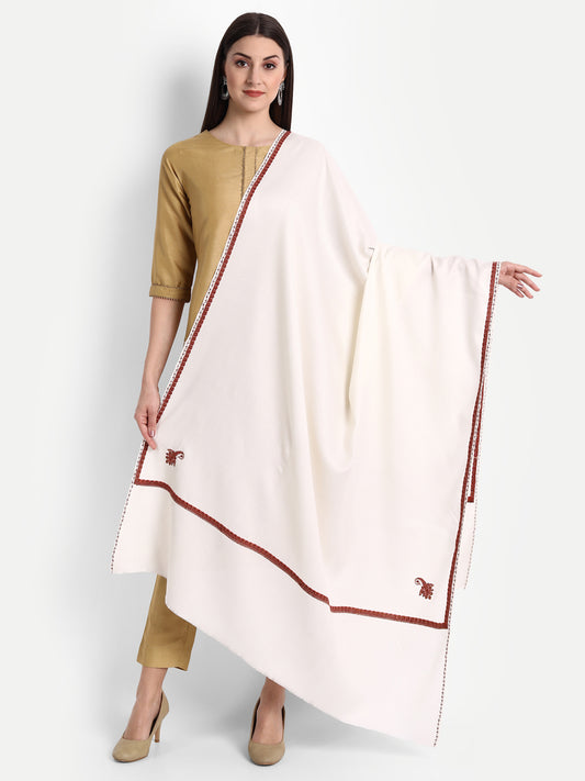 Fine Sozni Embroidery Daur Kashmiri Wool Shawl | Creame - Zamour