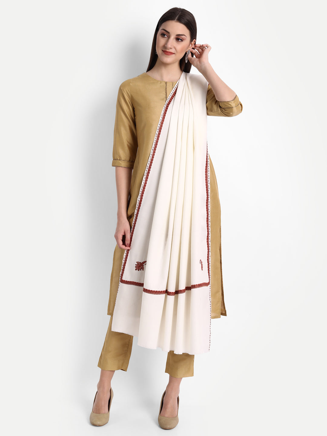Fine Sozni Embroidery Daur Kashmiri Wool Shawl | Creame - Zamour