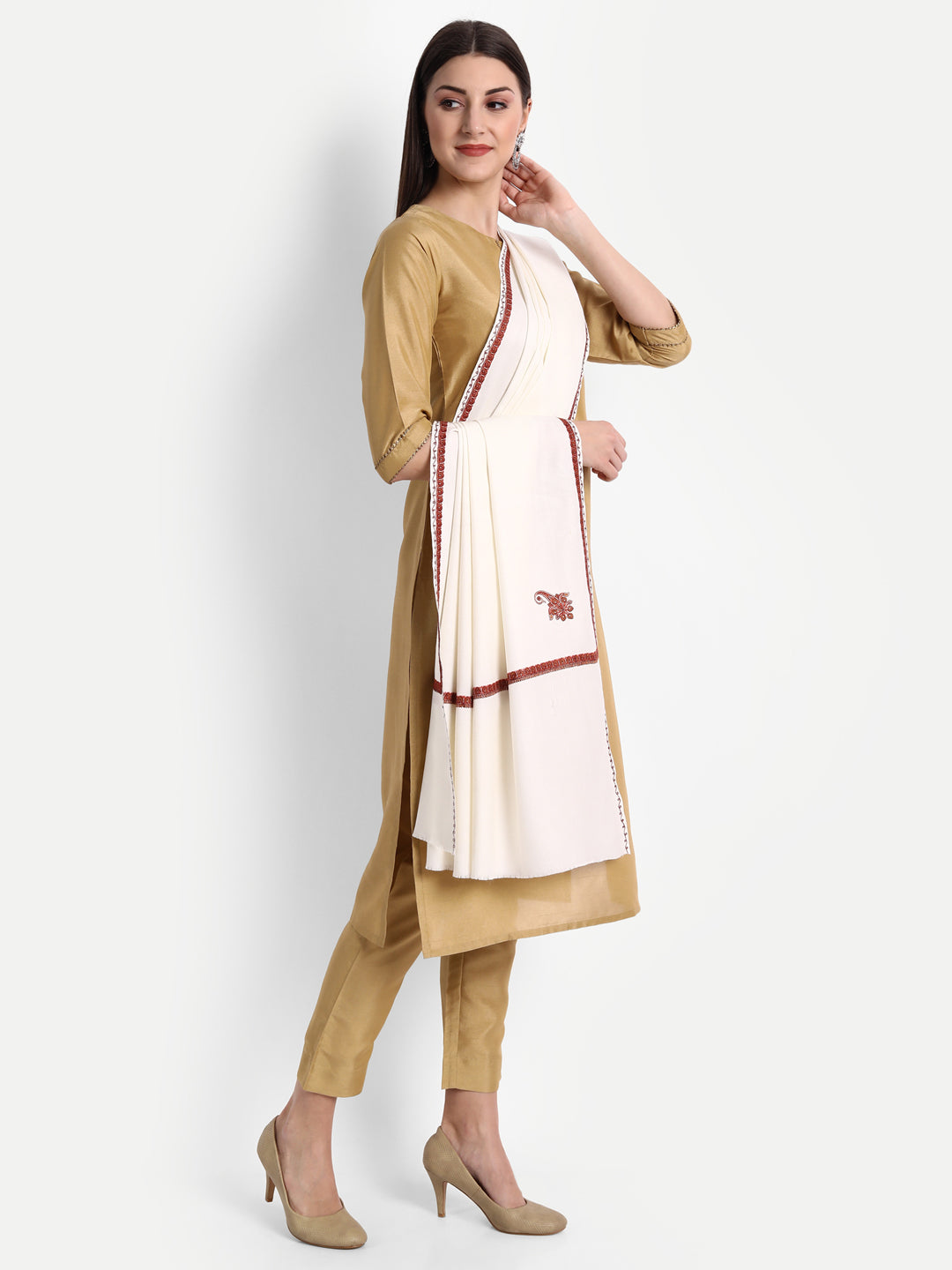 Fine Sozni Embroidery Daur Kashmiri Wool Shawl | Creame - Zamour