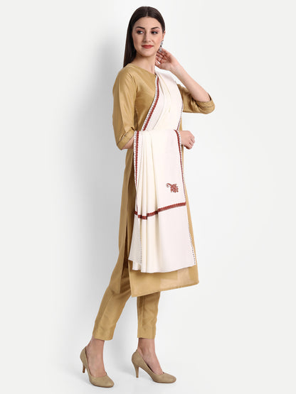 Fine Sozni Embroidery Daur Kashmiri Wool Shawl | Creame - Zamour