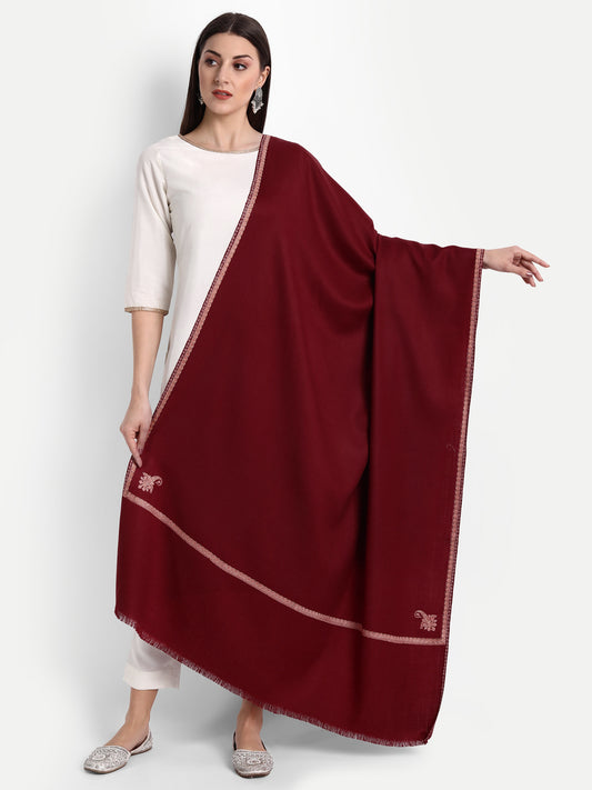 Fine Sozni Embroidery Daur Kashmiri Wool Shawl | Maroon - Zamour