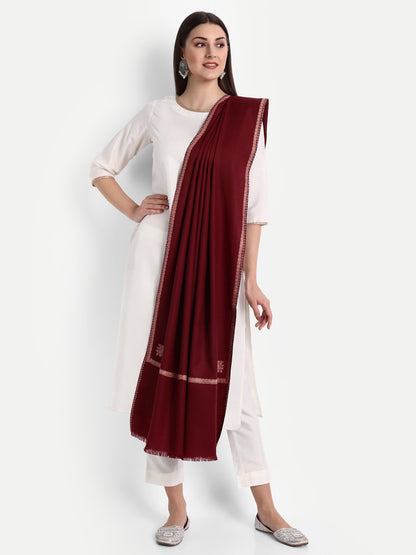 Fine Sozni Embroidery Daur Kashmiri Wool Shawl | Maroon - Zamour