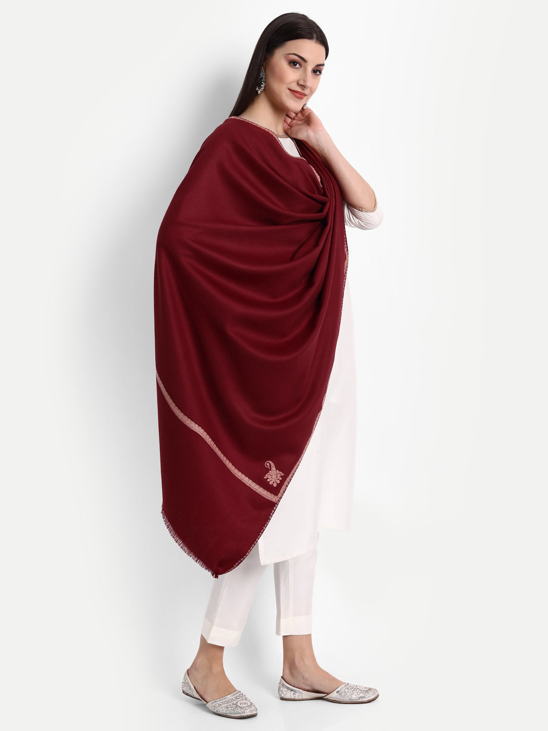 Fine Sozni Embroidery Daur Kashmiri Wool Shawl | Maroon - Zamour