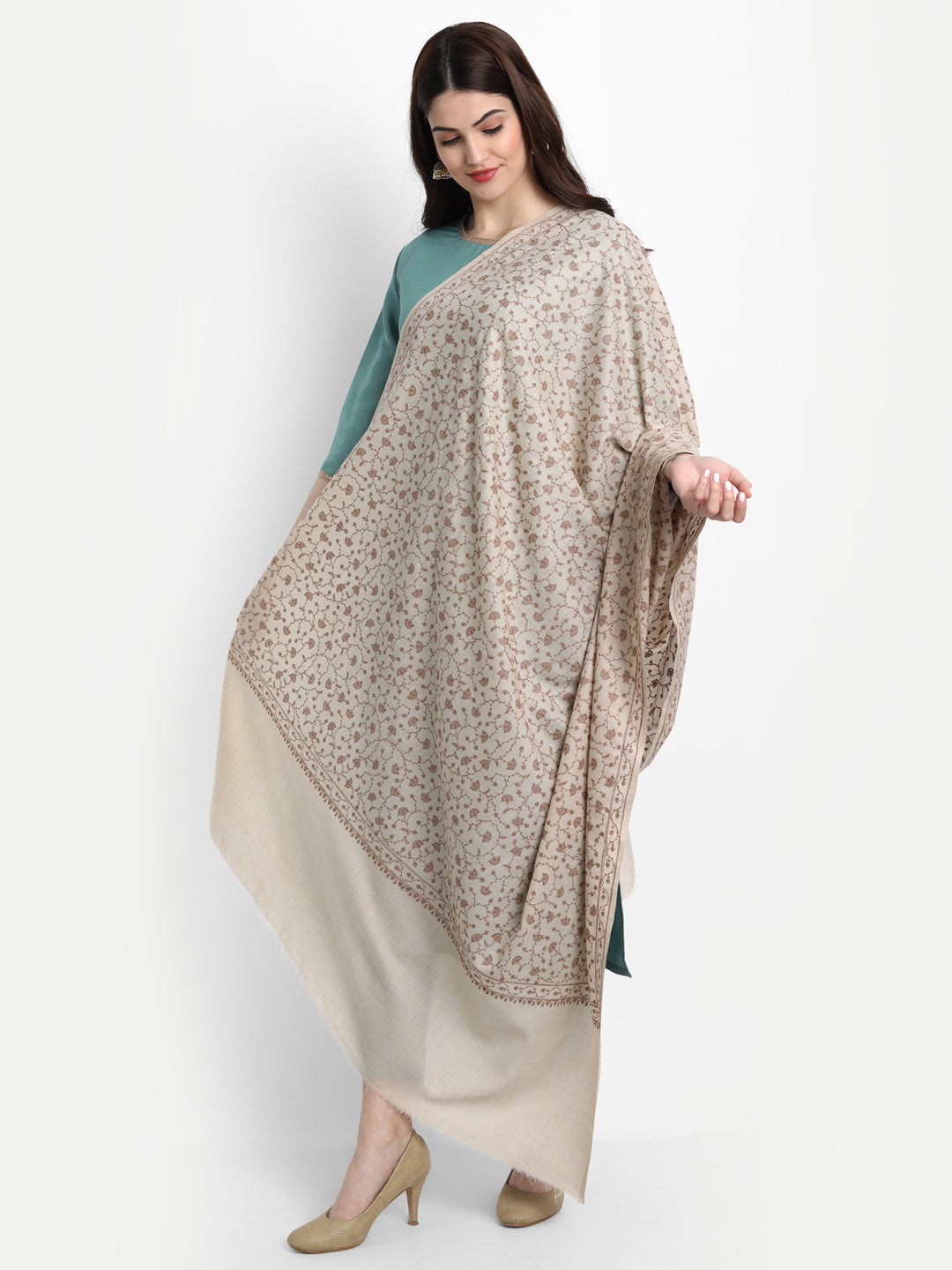 Fine Sozni Jaal Embroidery Kashmiri Wool Shawl | Beige - Zamour