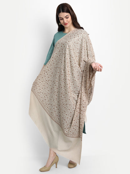 Fine Sozni Jaal Embroidery Kashmiri Wool Shawl | Beige - Zamour