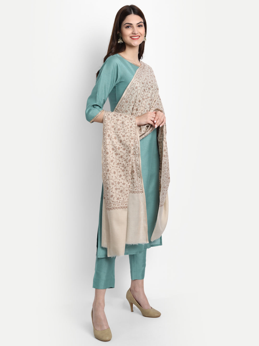 Fine Sozni Jaal Embroidery Kashmiri Wool Shawl | Beige - Zamour