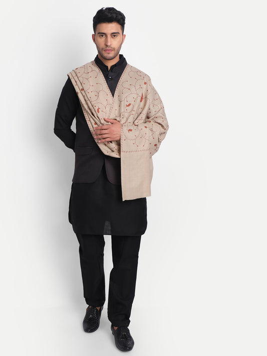 Kashmiri Sozni Embroidery Shawl for Men | Beige - Zamour