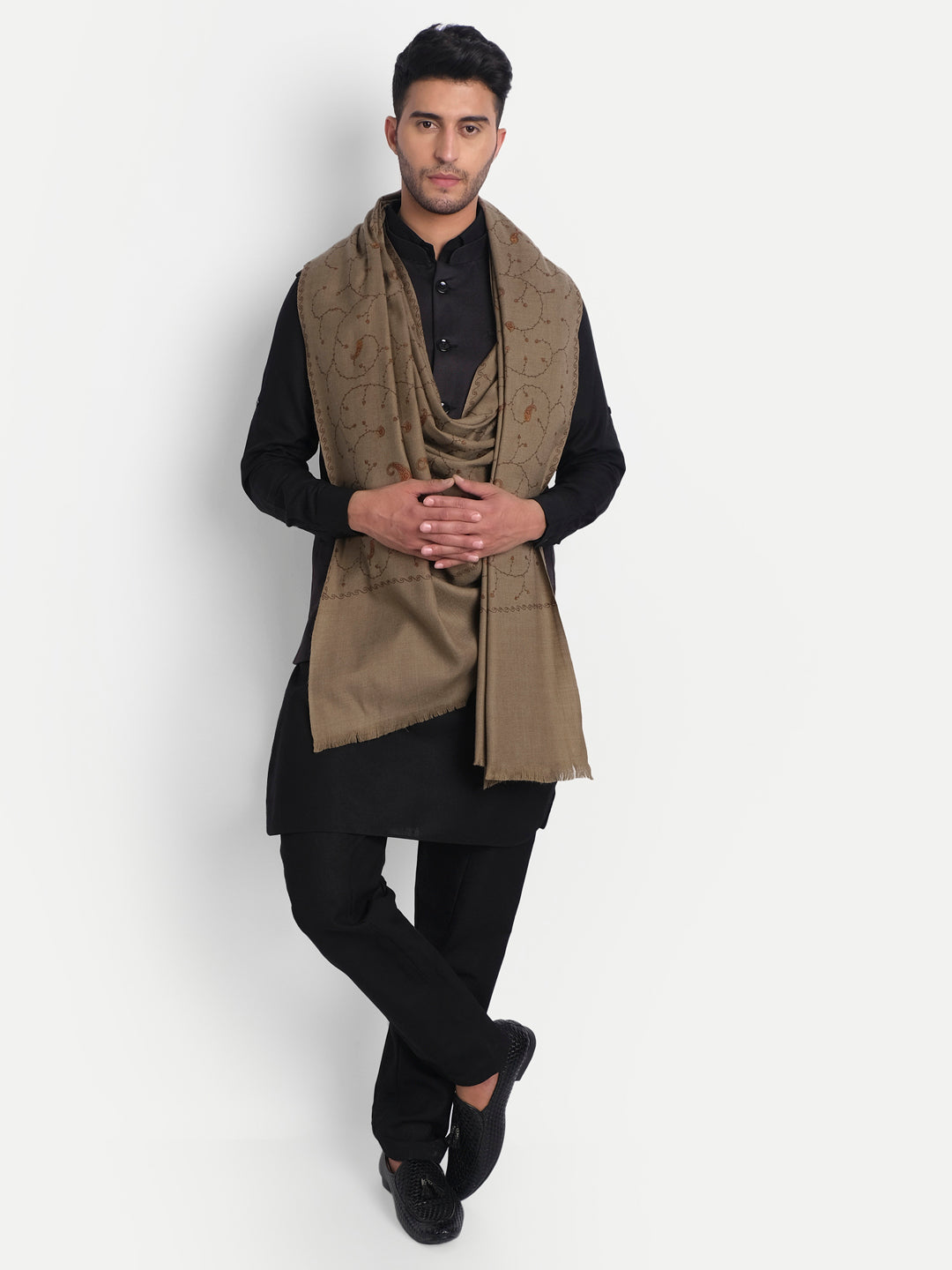 Kashmiri Sozni Embroidery Shawl for Men | Brown - Zamour