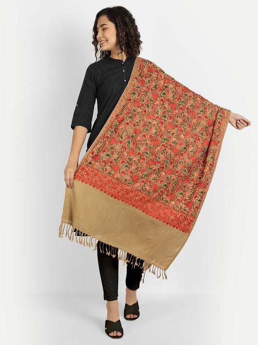 Kashmiri Aari Embroidered Woollen Stole | Brown - Zamour