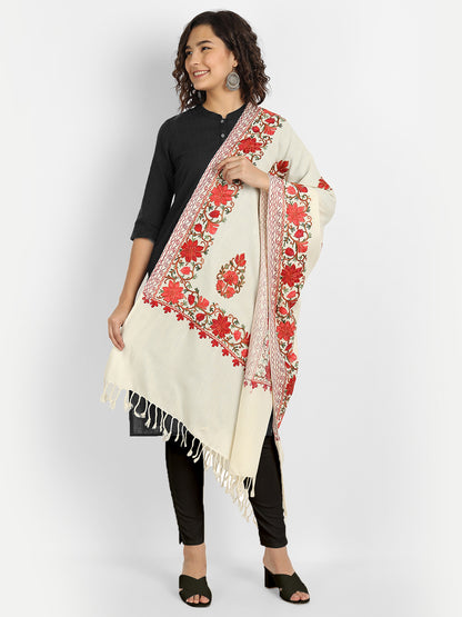 Kashmiri Aari Embroidered Woollen Stole | Off White - Zamour