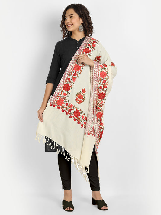 Kashmiri Aari Embroidered Woollen Stole | Off White - Zamour