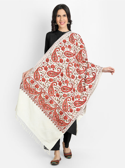 Kashmiri Aari Embroidery Woollen Stole | Off White - Zamour