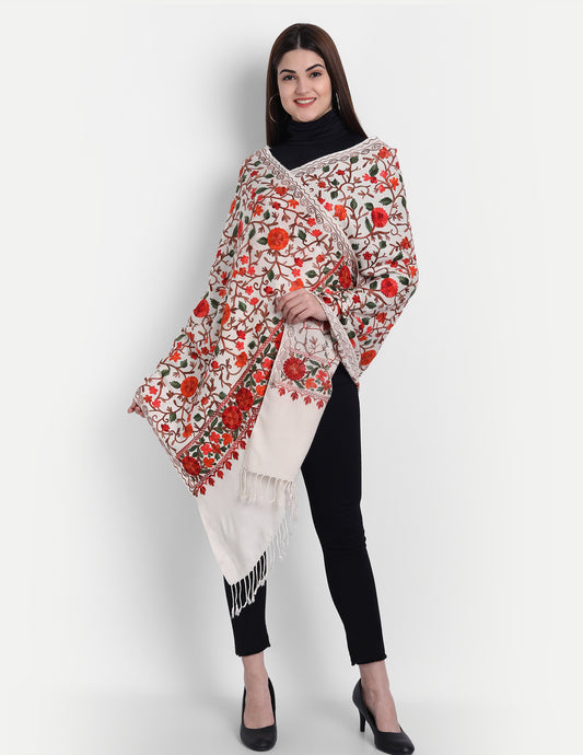 Kashmiri Aari Embroidery Woollen Stole | Off White - Zamour