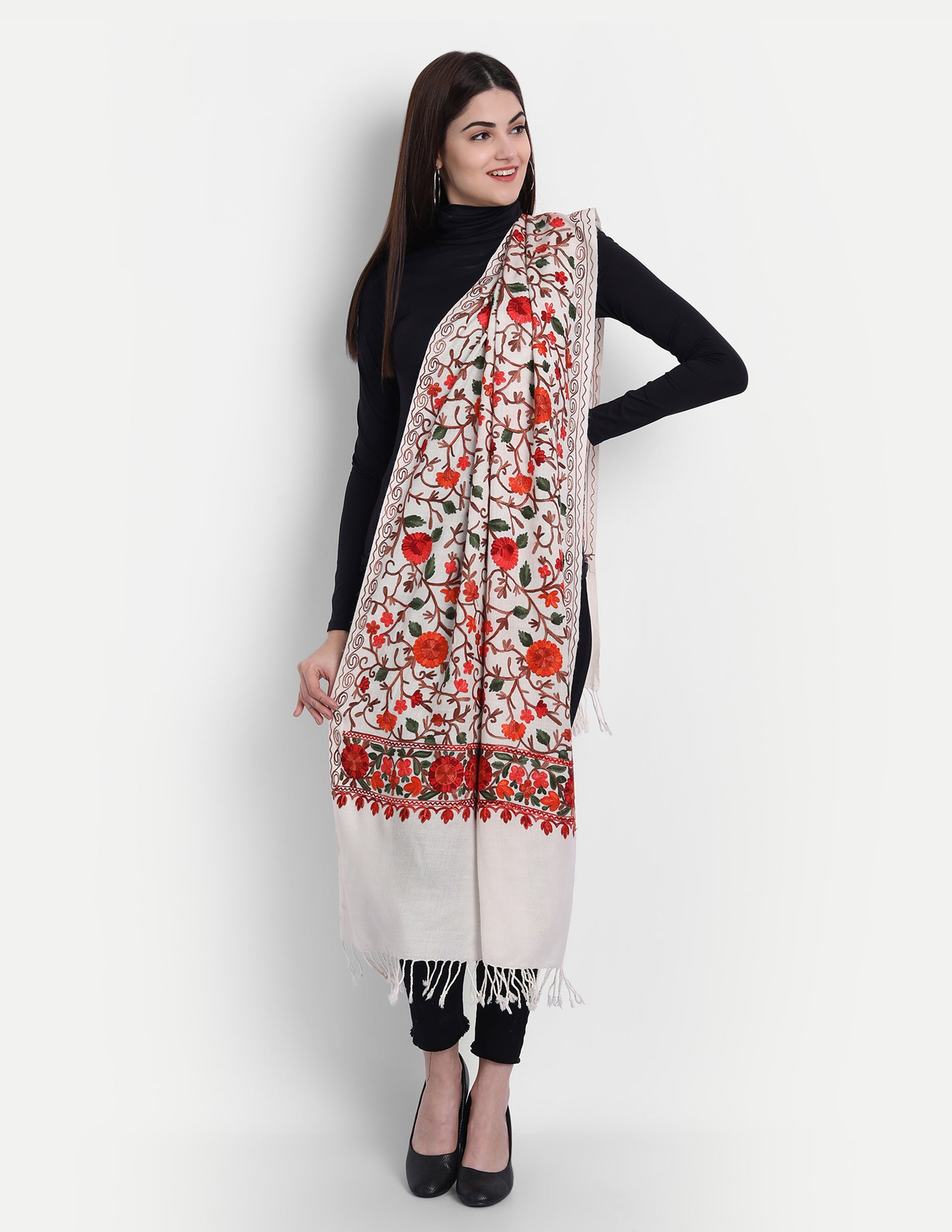 Kashmiri Aari Embroidery Woollen Stole | Off White - Zamour