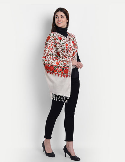 Kashmiri Aari Embroidery Woollen Stole | Off White - Zamour