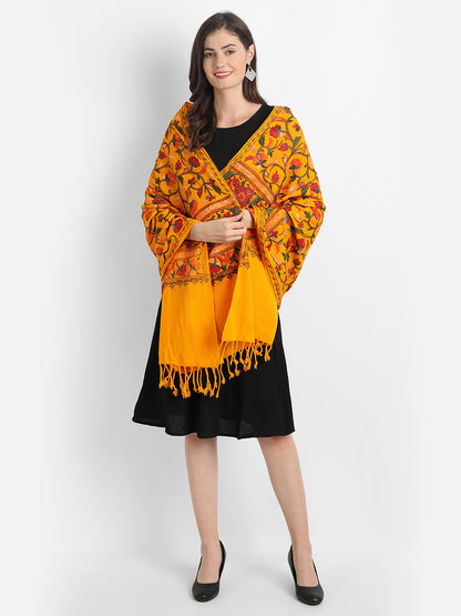 Kashmiri Aari Embroidery Woollen Stole | Yellow - Zamour
